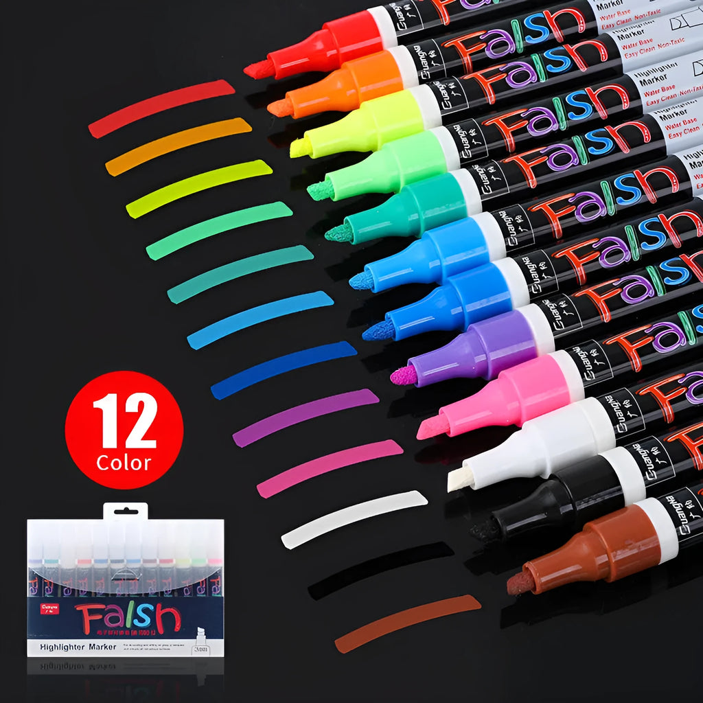 Electronic fluorescent plate highlighter pen with oblique 6mm tip, shown in an 8-colour set on a card.