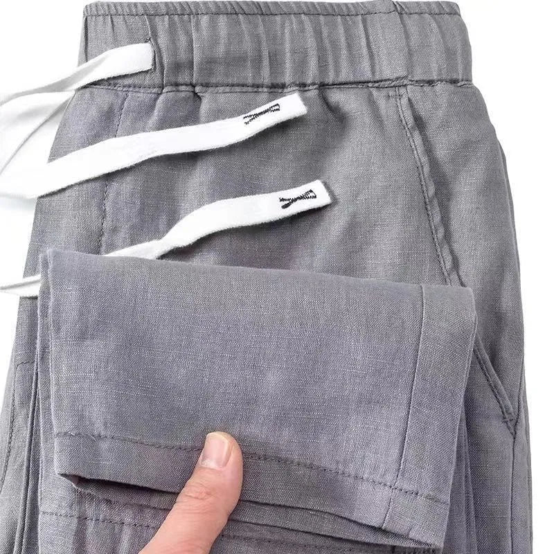 Pure linen Chinese-style trousers with elastic waist in straight leg cut, available in multiple colours