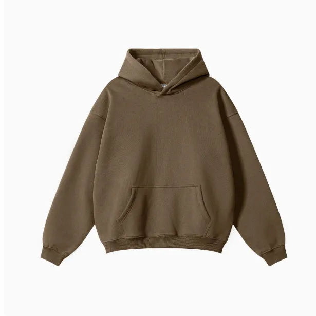 Cotton terry men's hooded sweater in loose pullover style with drop-shoulder sleeves