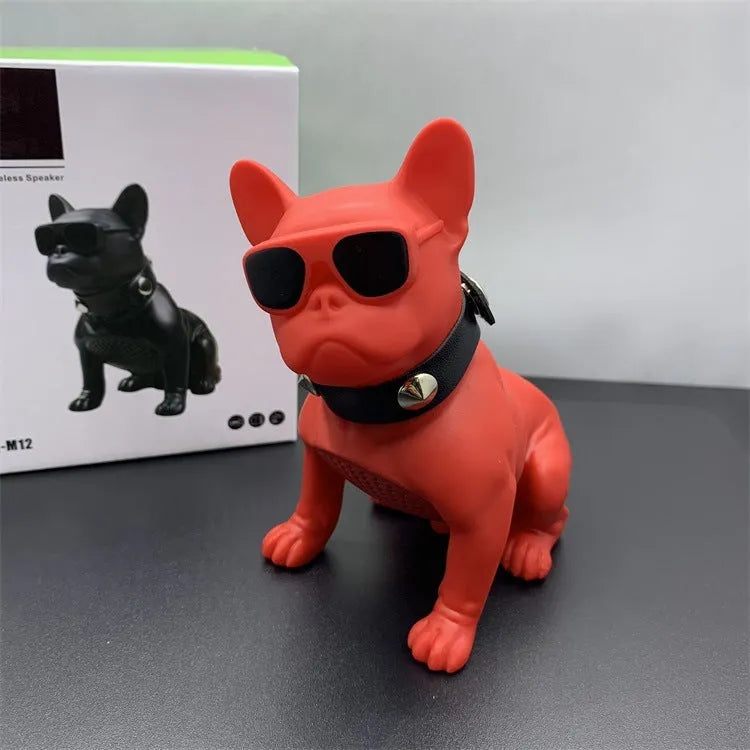 Mini bulldog-shaped Bluetooth speaker in black, red or white colours showing compact design