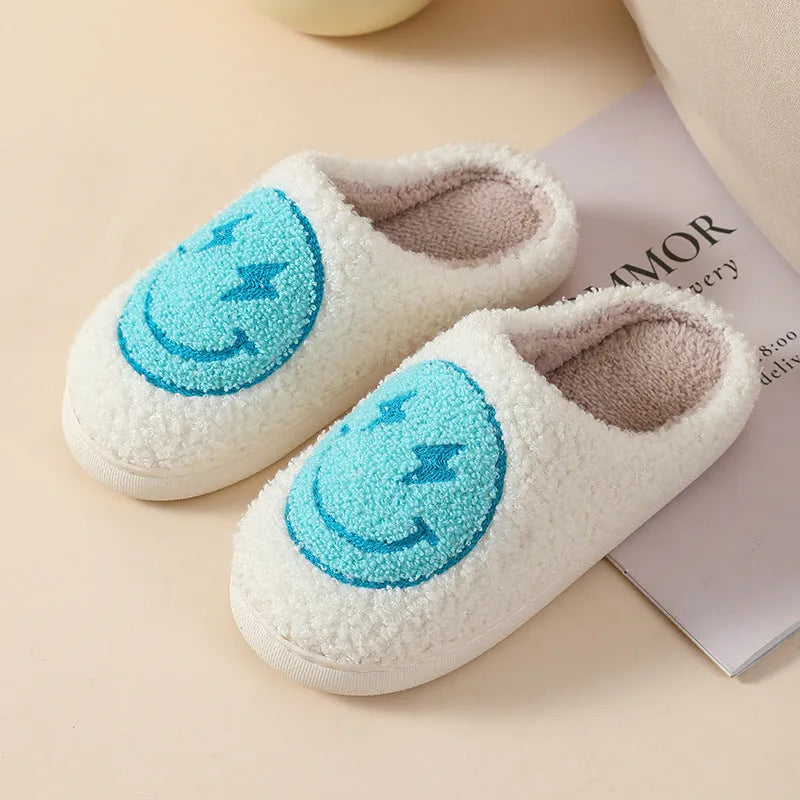 Women's plush cartoon love style home slippers with a round toe and PVC sole.