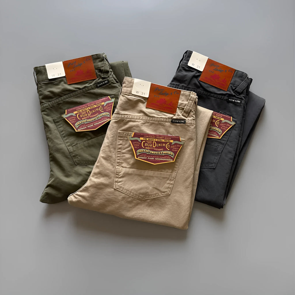 Men's straight leg casual cotton trousers in army green with a mid-waist design, showing front and back view.