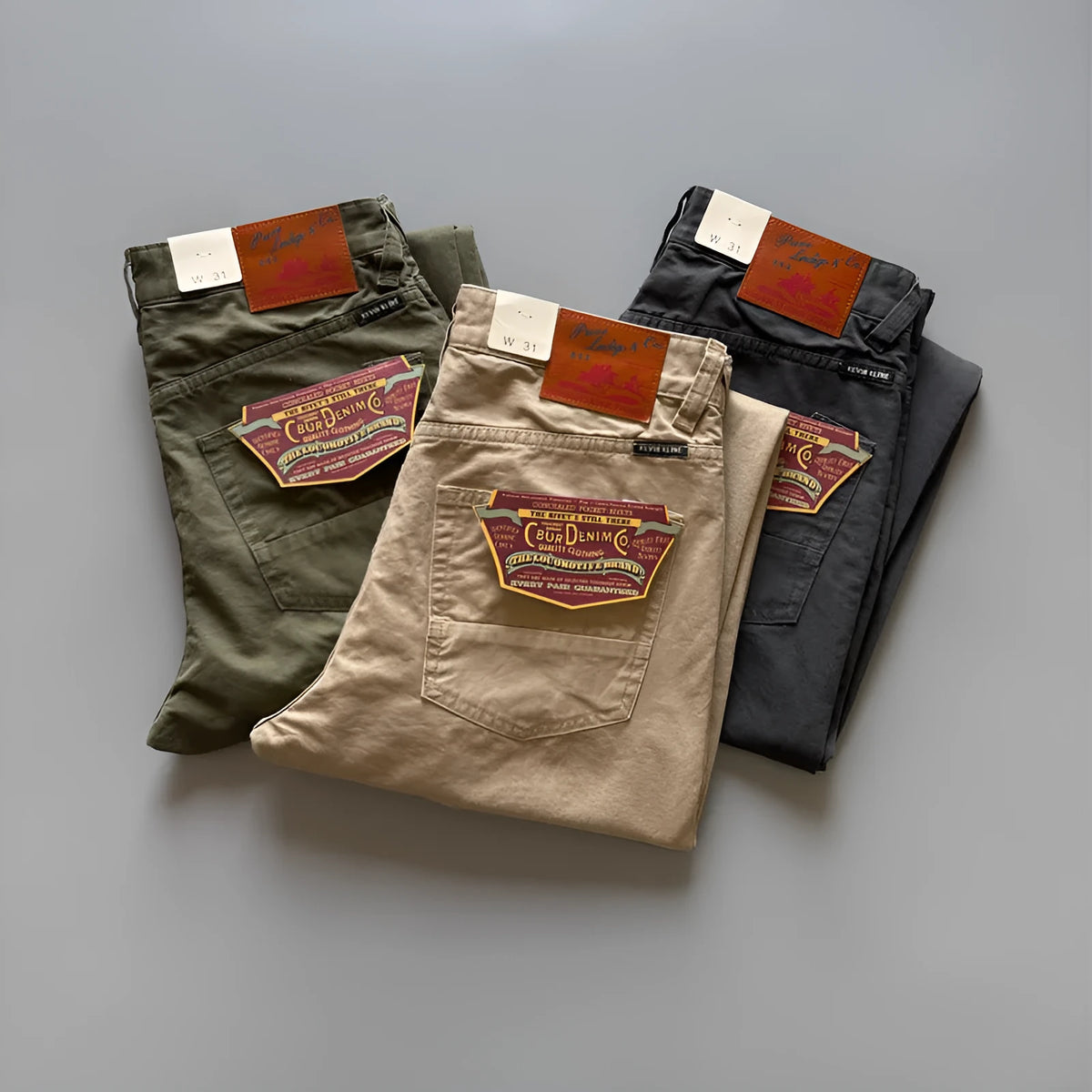 Men's straight leg casual cotton trousers in army green with a mid-waist design, showing front and back view.