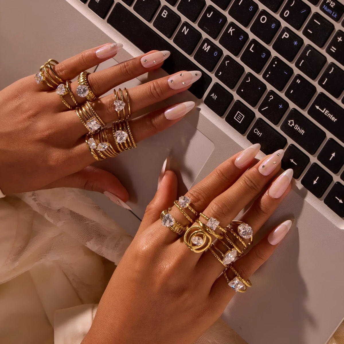 Open mouth stainless steel ring with gold plating and zircon geometric detailing