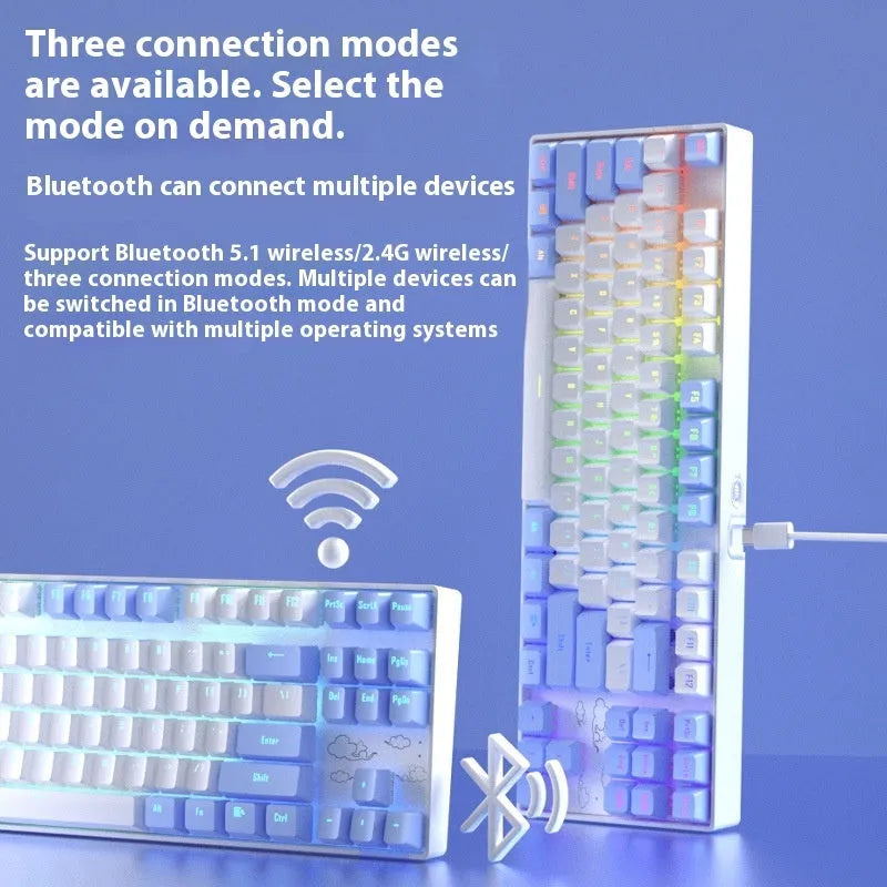 Wireless Bluetooth mechanical keyboard with metal board in blue-white and purple-white colour options