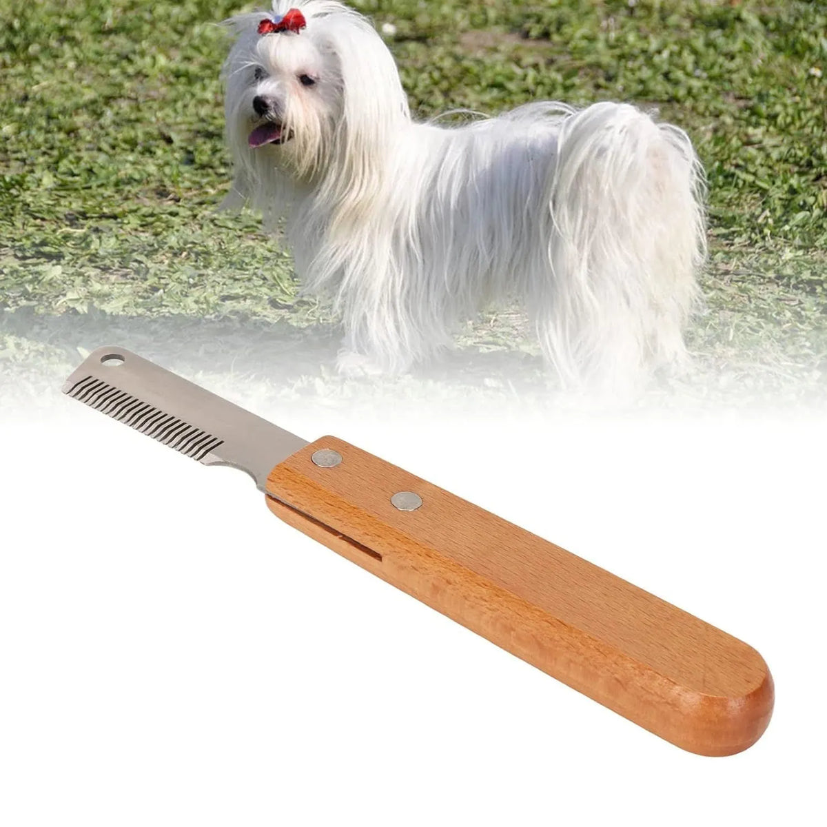 Pet stripping comb with wood handle and metal teeth for grooming cats and dogs.