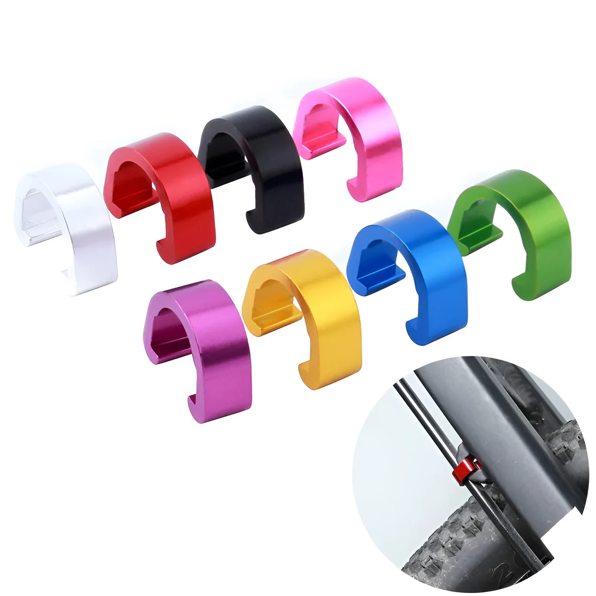 Aluminium alloy C-shaped buckle hardware component in multiple colours.