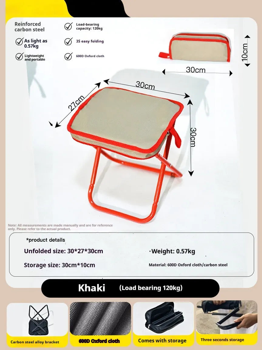 Foldable outdoor camp stool in Oxford cloth, shown in khaki colour, collapsed into its compact pencil box design.