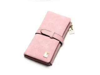 Women's vintage-style long wallet in matte PU leather with zip, shown open revealing card slots and coin purse.