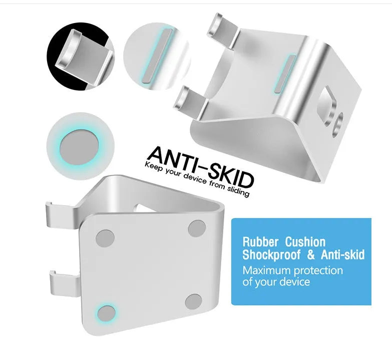 Aluminium alloy universal phone holder in black, red, rose gold, and silver colours for tablets and mobile phones.