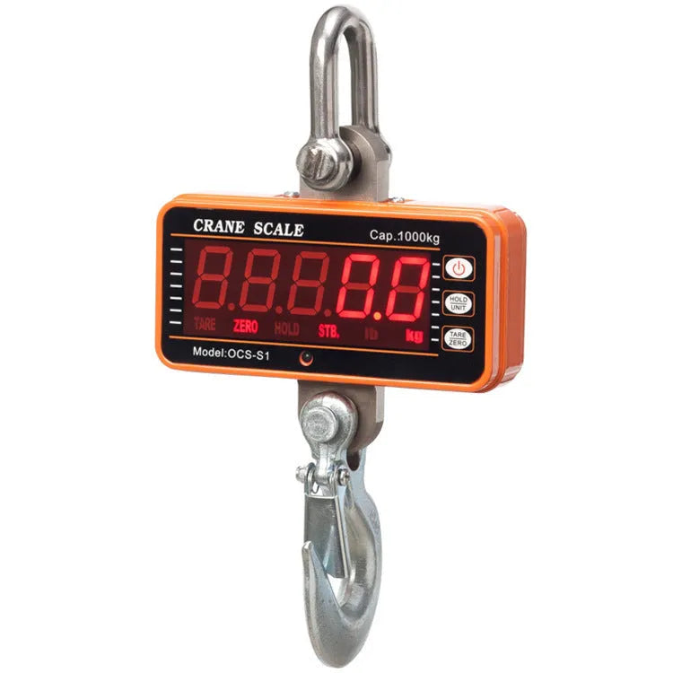 Orange electronic crane scale with digital display for 500kg capacity weighing in logistics and warehousing