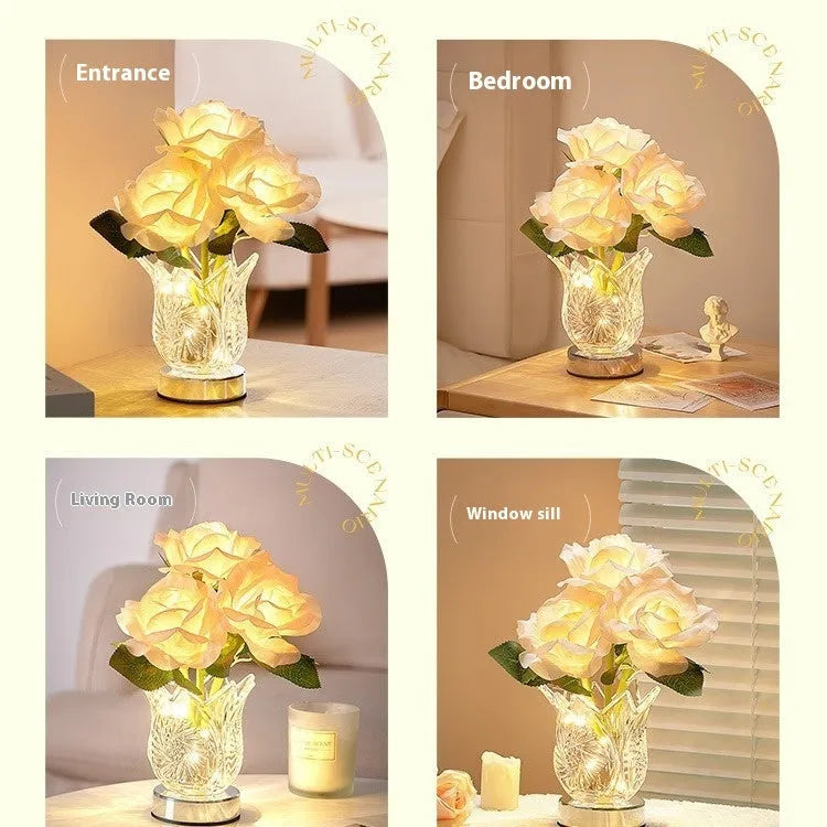 Modern crystal flowers bedside table lamp with touch dimming control on wooden surface