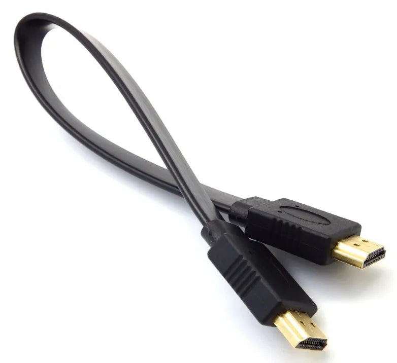 Flat HDMI cable with male connectors showing length options from 0.3 metres to 10 metres