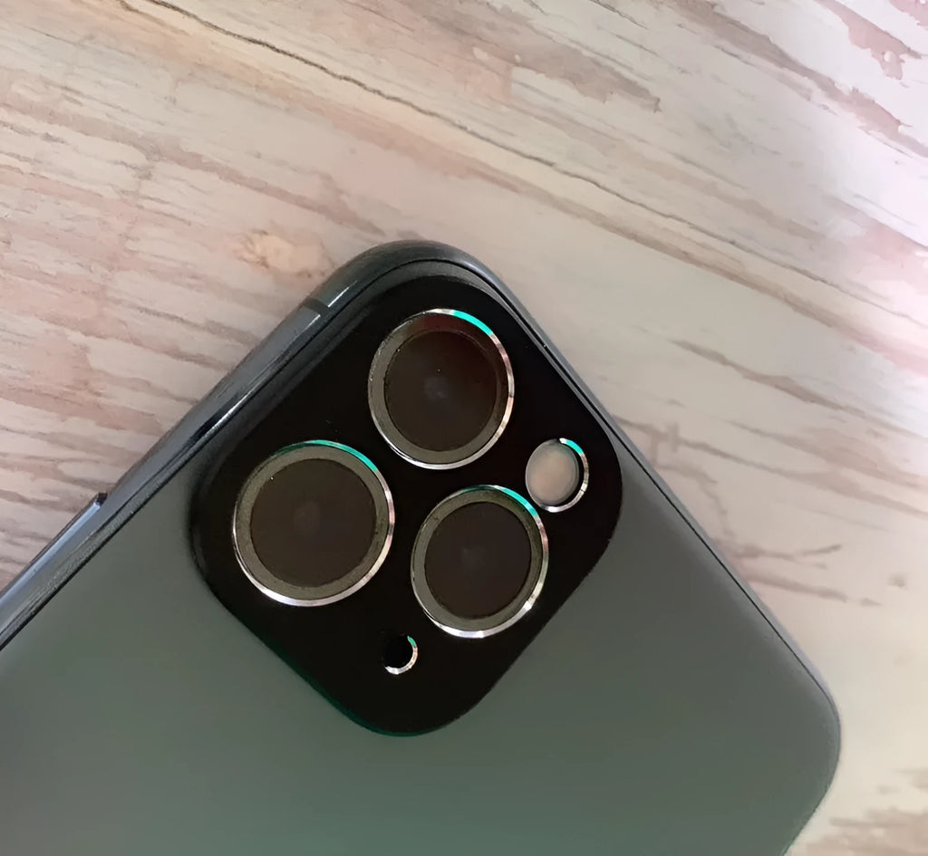 Metal camera lens protection ring for iPhone 11 and iPhone 11 Pro cases in various colours.