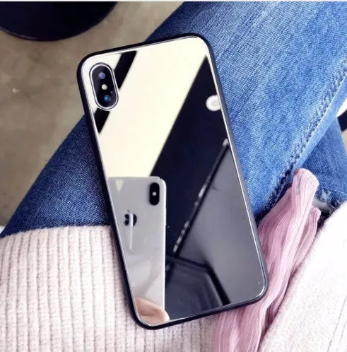 Black iPhone mirror phone case with integrated make-up mirror on back, compatible with iPhone 7 Plus, 8 Plus and X models