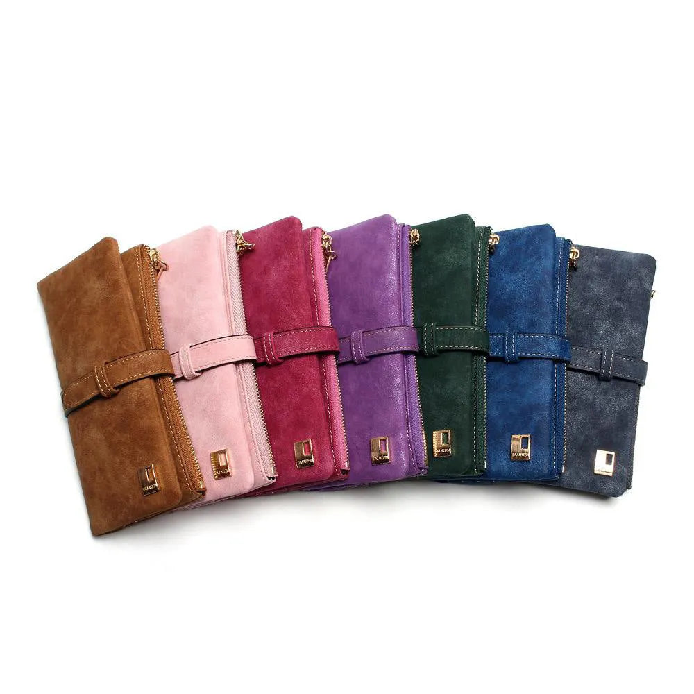 Women's vintage-style long wallet in matte PU leather with zip, shown open revealing card slots and coin purse.