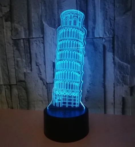 3D Leaning Tower of Pisa acrylic nightlight glowing in blue with remote control