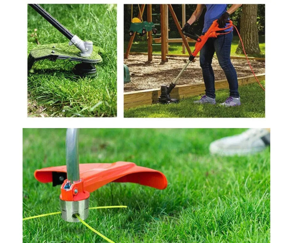 Silver aluminium lawn mower grass head replacement kit with four light yellow square strings and wrench