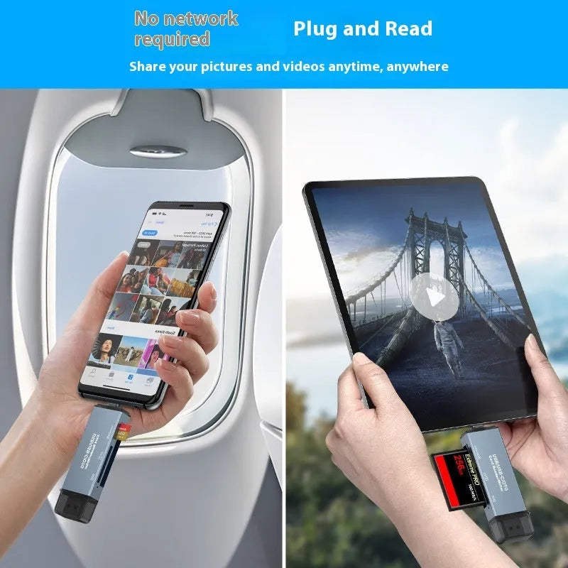 Compact aluminium alloy three-in-one memory card reader for CF, SD, and TF cards with USB and TYPE-C ports.