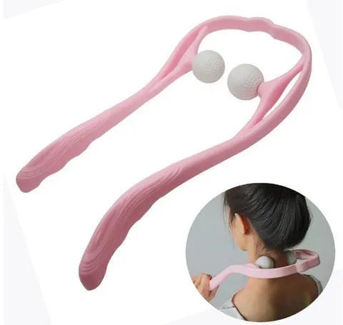 Blue plastic hand roller neck massager with adjustable stand on a white background.