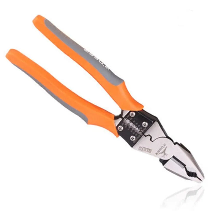 Orange 9-inch multi-function wire cutter pliers with chrome steel head and textured plastic handles