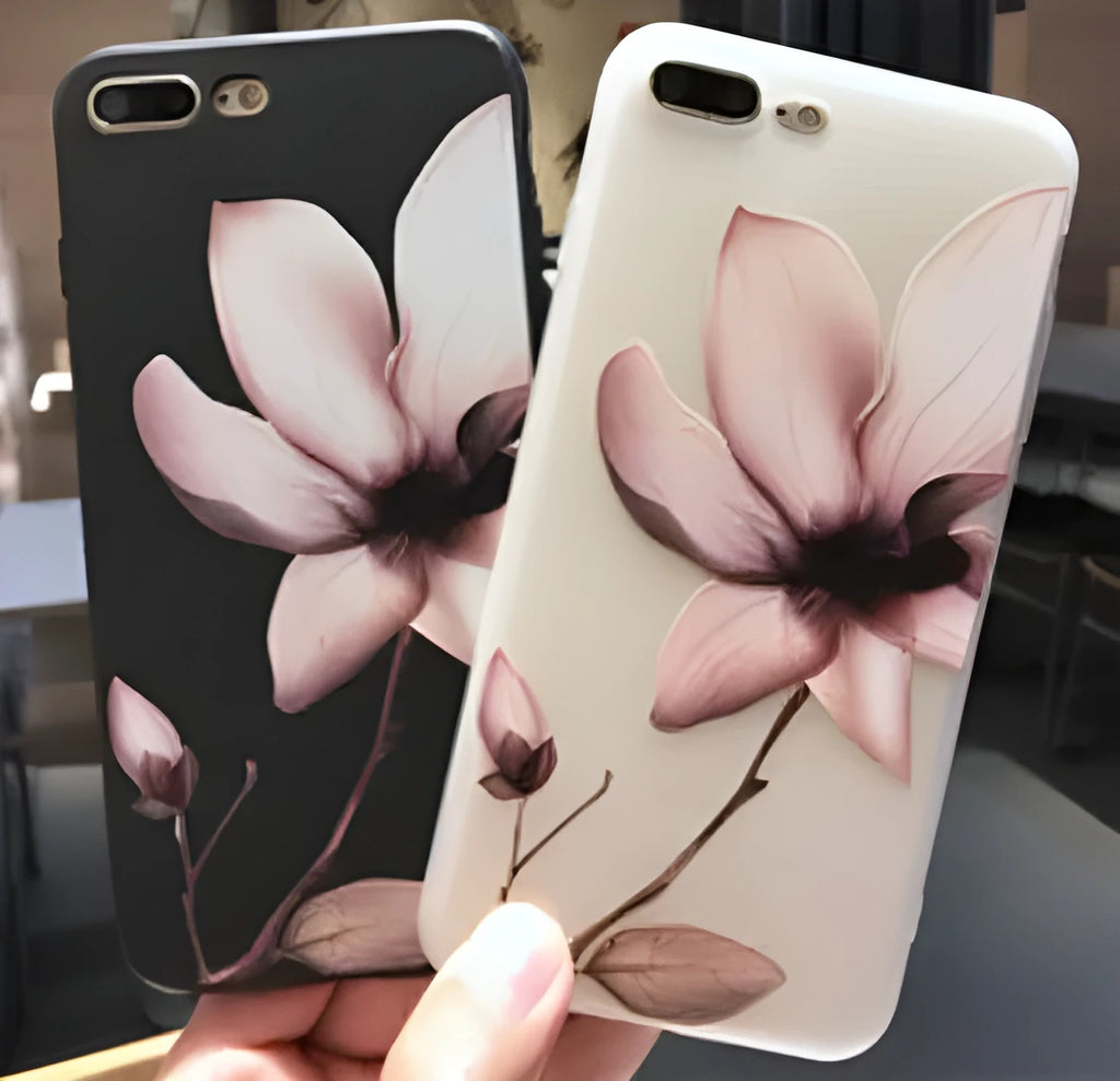 Embossed floral pattern TPU iPhone case in black and white colour options showing textured design
