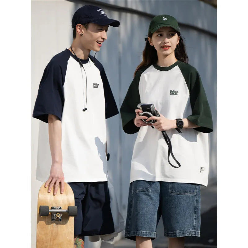 Men's blue Japanese-style raglan sleeve t-shirt with loose fit on hanger