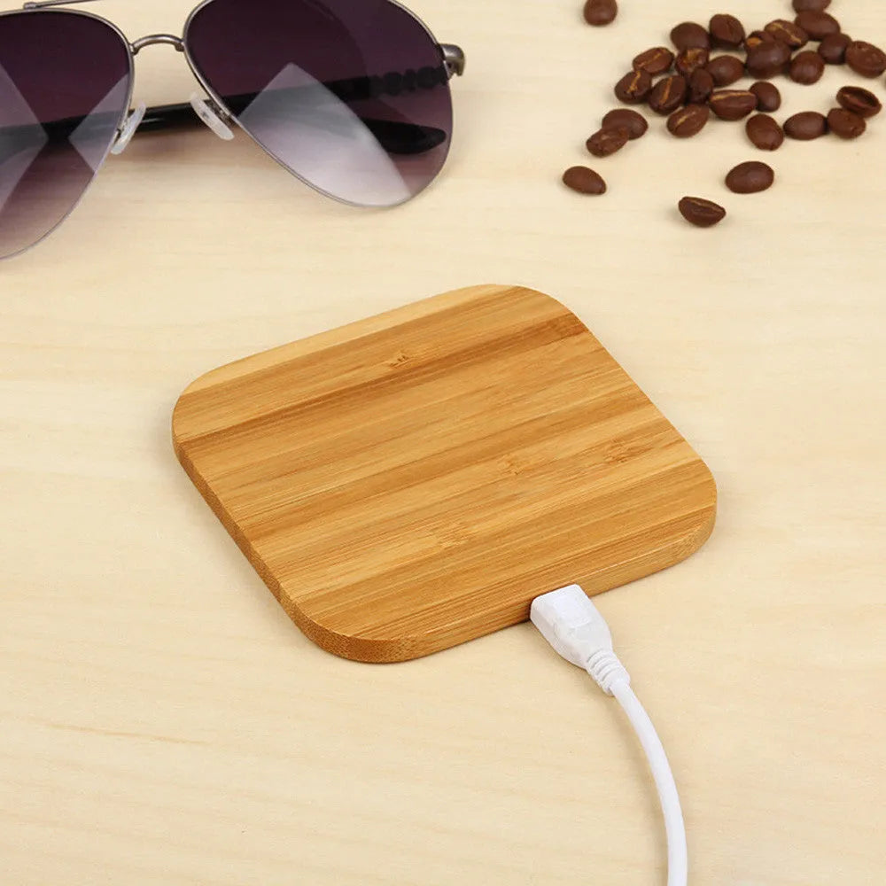 Square brown bamboo-finish 5W wireless charging pad with QI certification