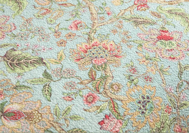 Blue cotton quilted bedspread set with American floral and bird pattern, size 230x250 cm.