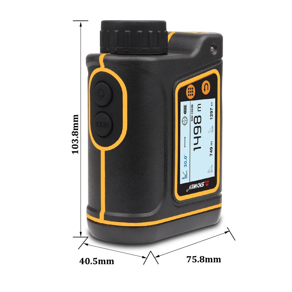 Handheld golf rangefinder showing compact design and measurement display