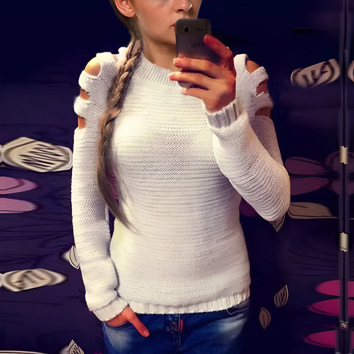 Women's solid colour knitted shirt with crocheted hollow-out design on round neck long sleeves