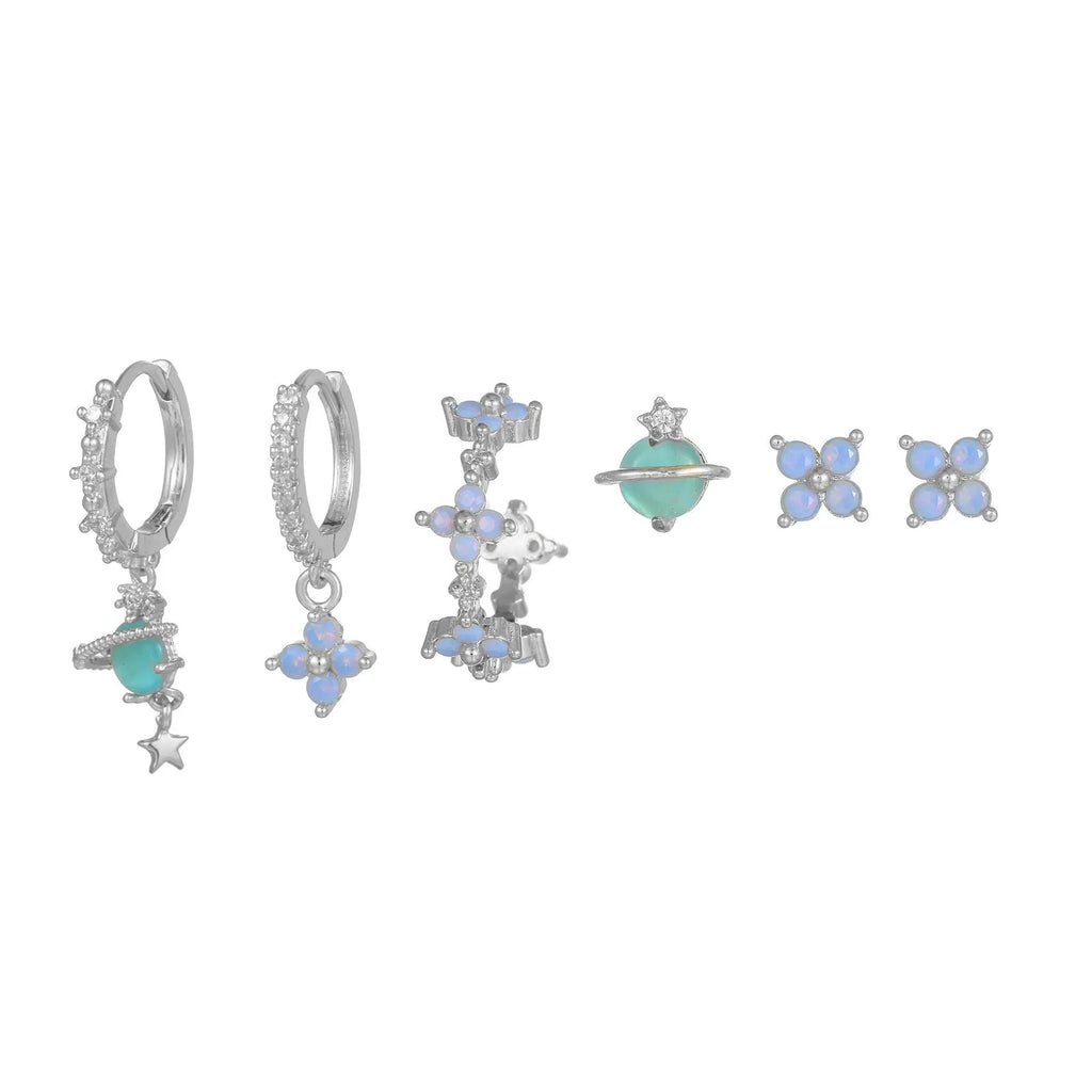 Japanese Korean style flower earrings with blue protein nail design and zircon mosaic on gold/silver metal