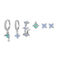 Japanese Korean style flower earrings with blue protein nail design and zircon mosaic on gold/silver metal