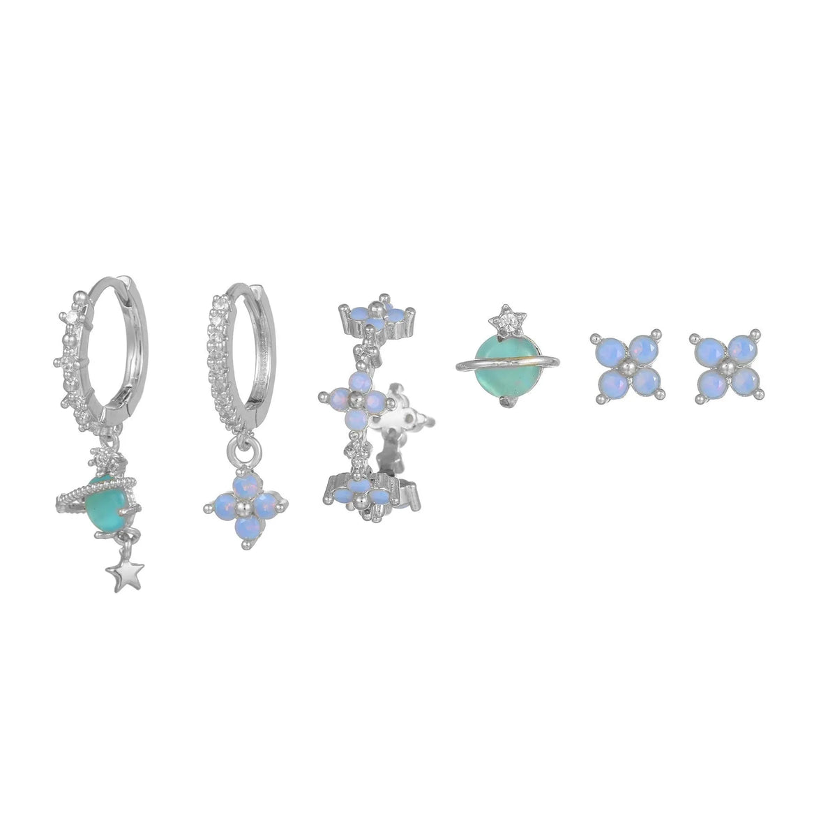 Japanese Korean style flower earrings with blue protein nail design and zircon mosaic on gold/silver metal