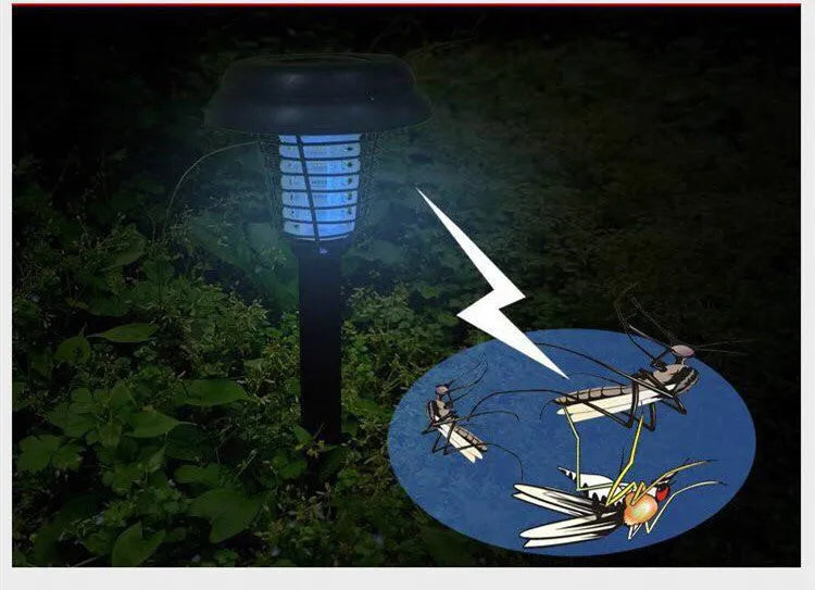 Black solar-powered insect-killing lawn lamp with white and purple LED lights for garden pest control.