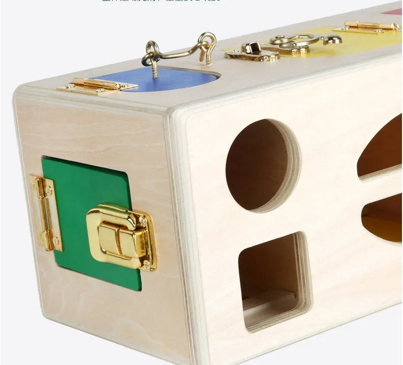Wooden educational shape lock box with 12 geometric pieces for preschool learning