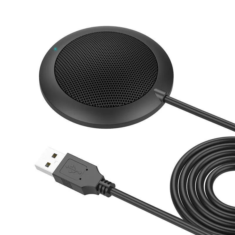 Black USB desktop microphone with metal mesh cover and zinc alloy construction for 360-degree omnidirectional pickup