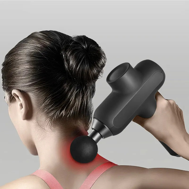 Rechargeable electric muscle massager with six interchangeable massage heads and adjustable intensity settings