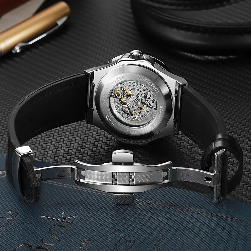 Men's automatic skeleton watch with diamond markers on white shell case