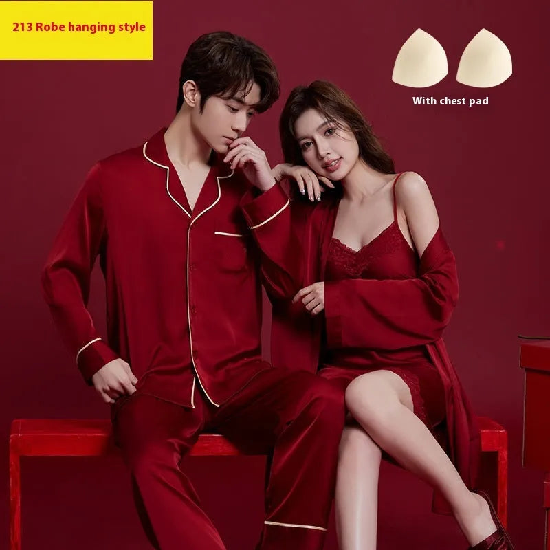 Red men's and women's ice silk loungewear set with long sleeves and trouser-length trousers