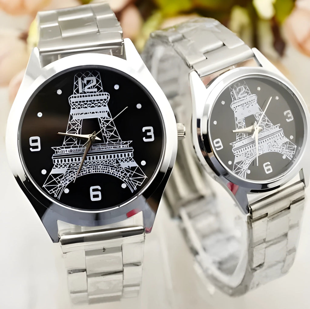 Eiffel Tower wrist watch with Paris skyline dial on a leather strap.