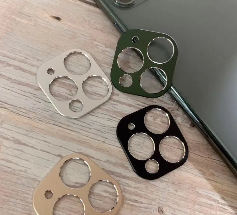 Metal camera lens protection ring for iPhone 11 and iPhone 11 Pro cases in various colours.