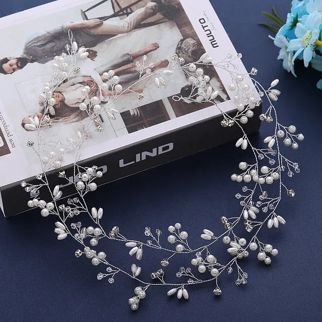 Bride's wedding hair band with crystal pearl detailing on colour-preserving wire in gold, silver, rose gold or silver KC finish