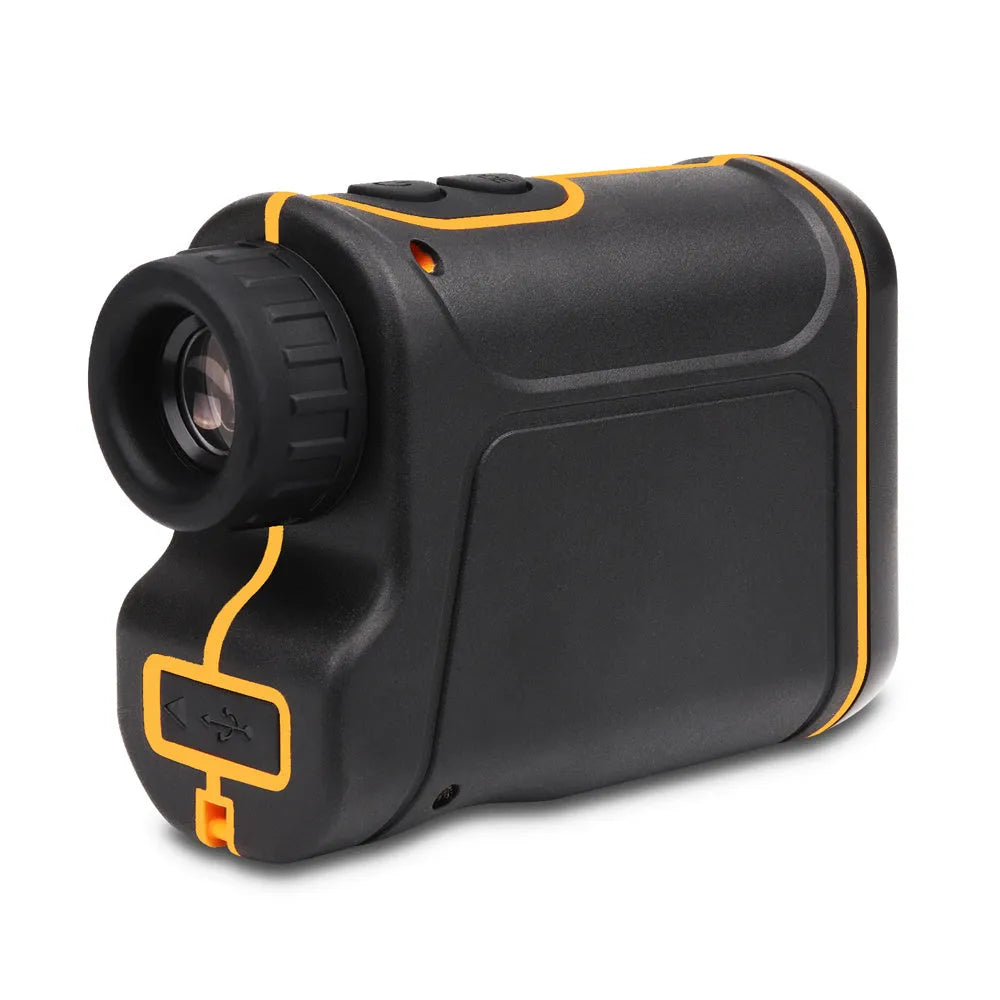 Handheld golf rangefinder showing compact design and measurement display