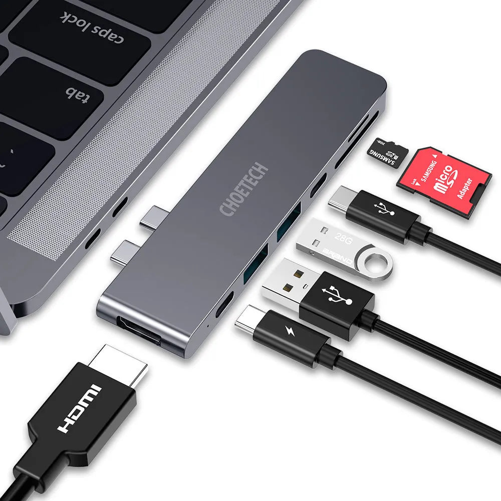 Aluminium alloy USB-C hub adapter with SD card reader, HDMI, USB 3.0 ports and Power Delivery charging