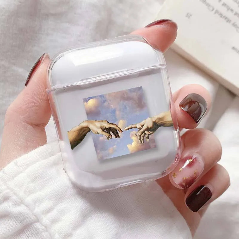 Clear plastic protective cover on a white Apple AirPods charging case.