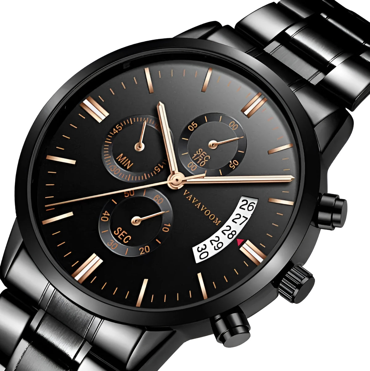 Men's stainless steel quartz watch with black dial and silver chain showing calendar display