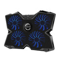 Blue laptop cooling base with four fans and USB ports on computer desk