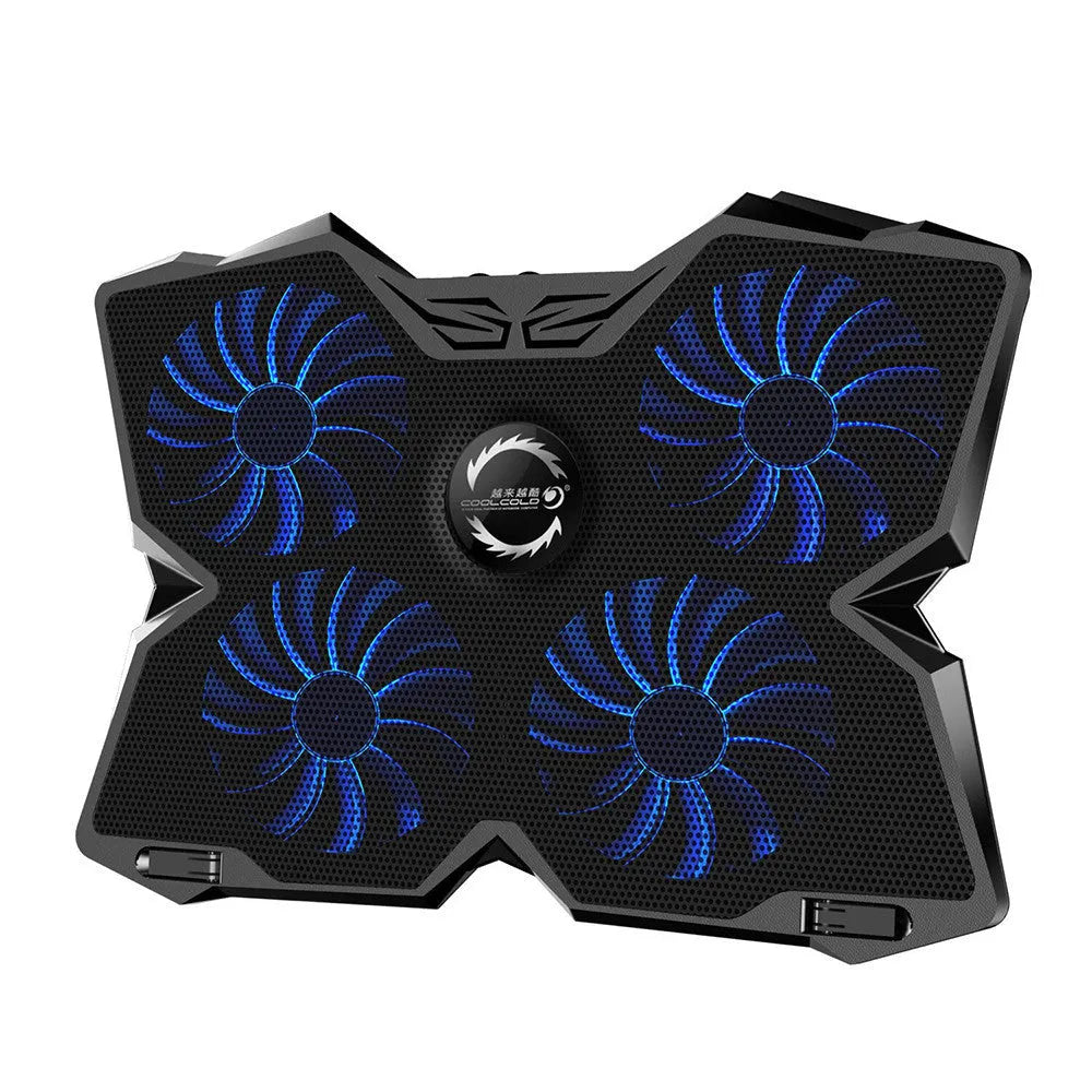 Blue laptop cooling base with four fans and USB ports on computer desk