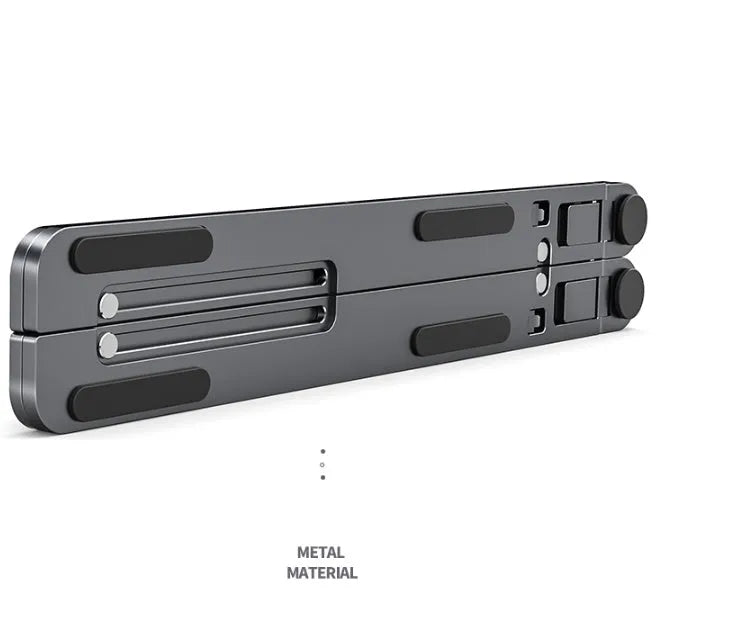 Silver aluminium laptop stand in folded and unfolded positions next to a 15-inch laptop.